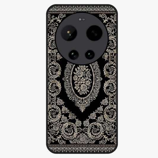 Noir Bloom Elegance Glass Case showing flat back view with elegant dark floral artwork and glossy glass finish.