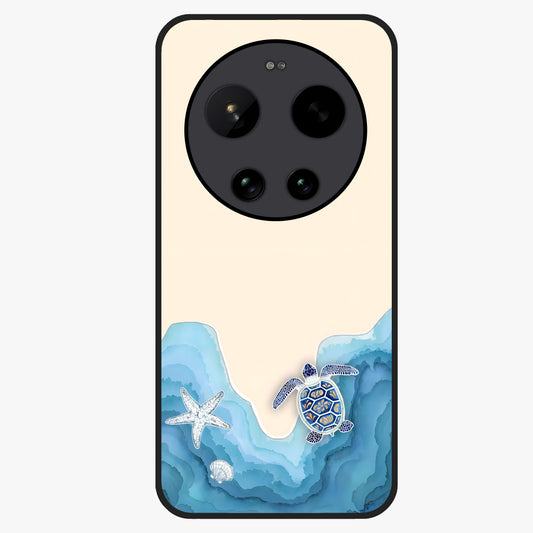 Ocean Drift Turtle Glass Case showing flat back view with sea turtle artwork and glossy glass finish.
