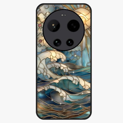 Oceanic Stained Printed Glass Case showing flat back view with ocean inspired stained pattern artwork and glossy glass finish.