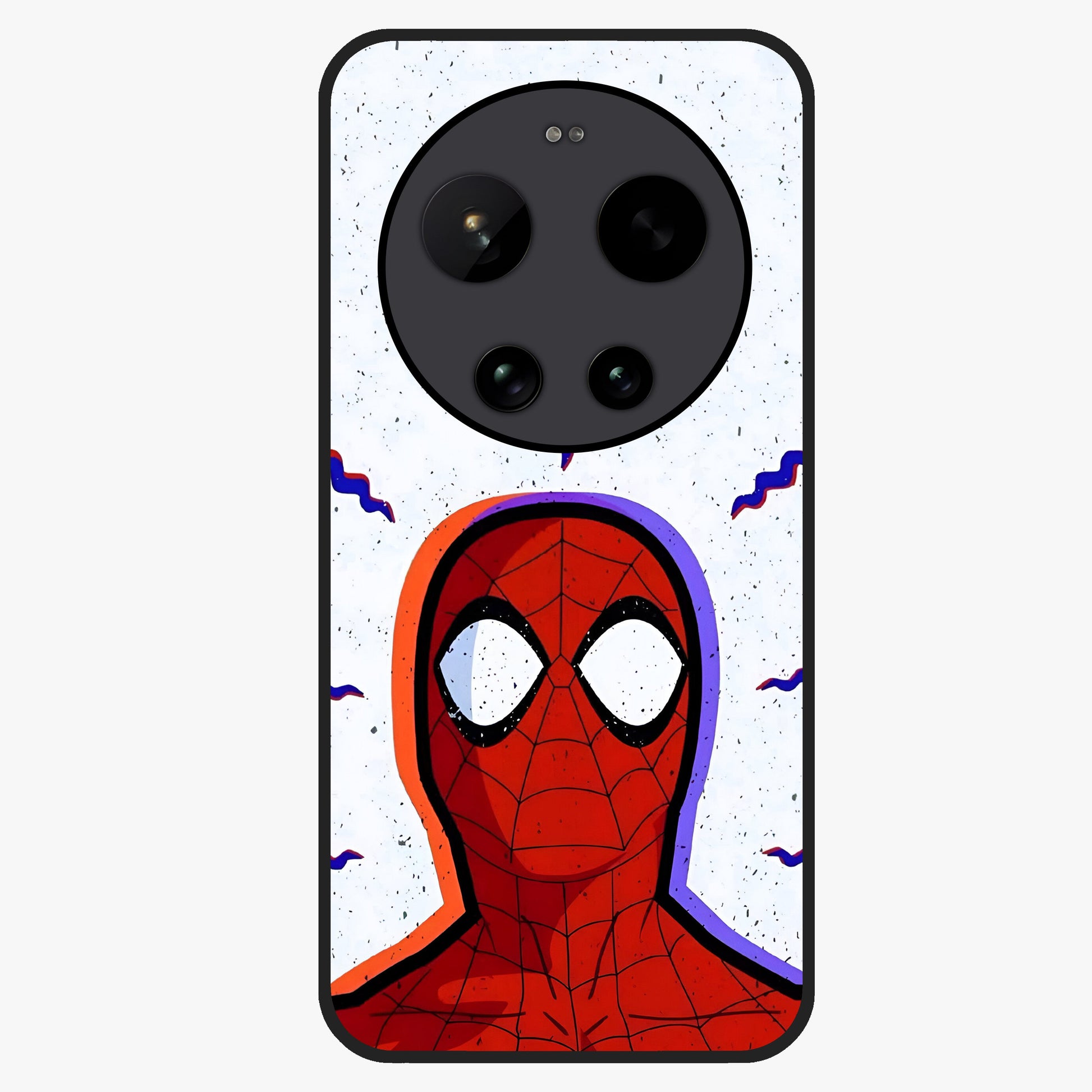 Omg Spiderman Glass Case showing flat back view with bold superhero inspired artwork and glossy glass finish.