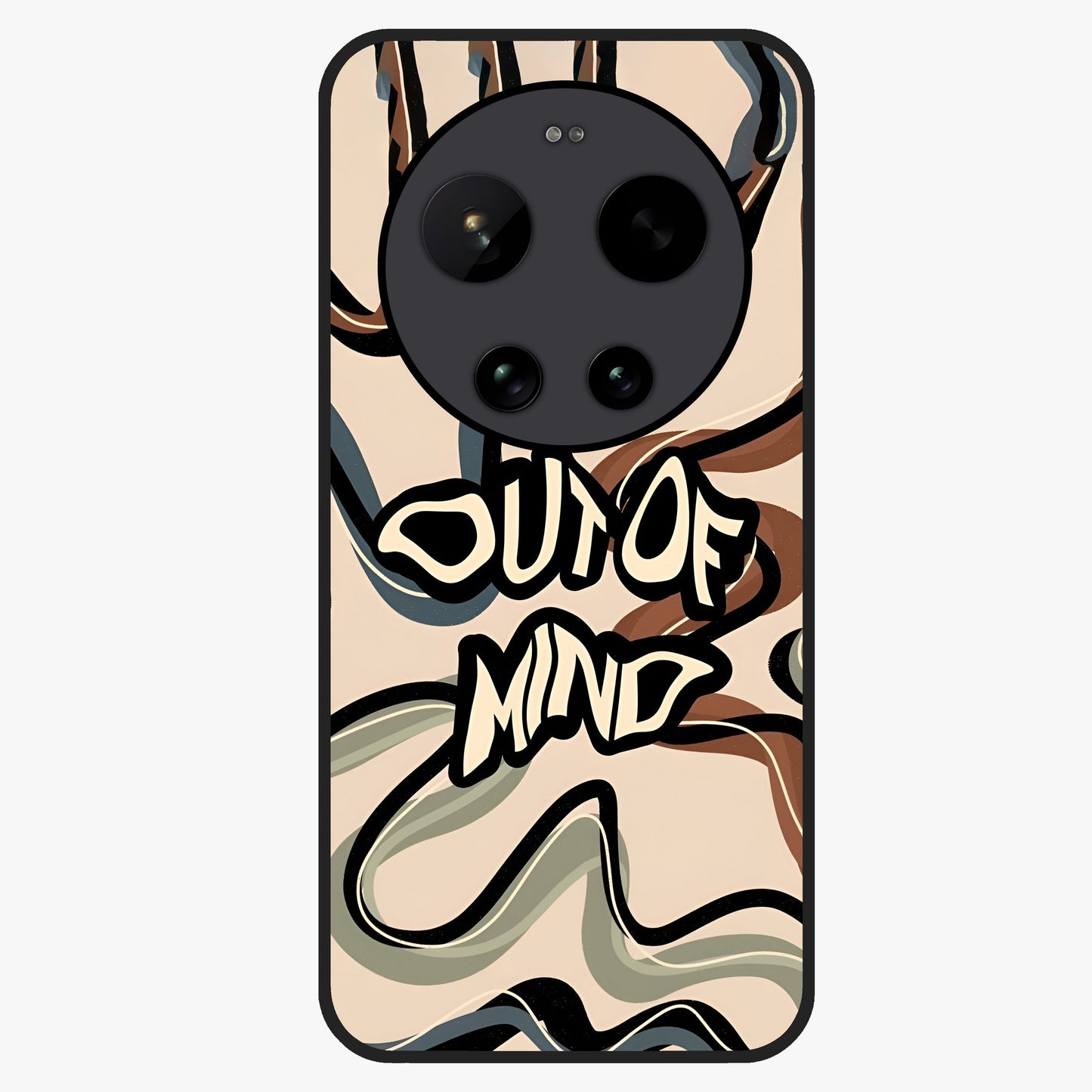 Out Of Mind Glass Case showing flat back view with expressive typography artwork and glossy glass finish.
