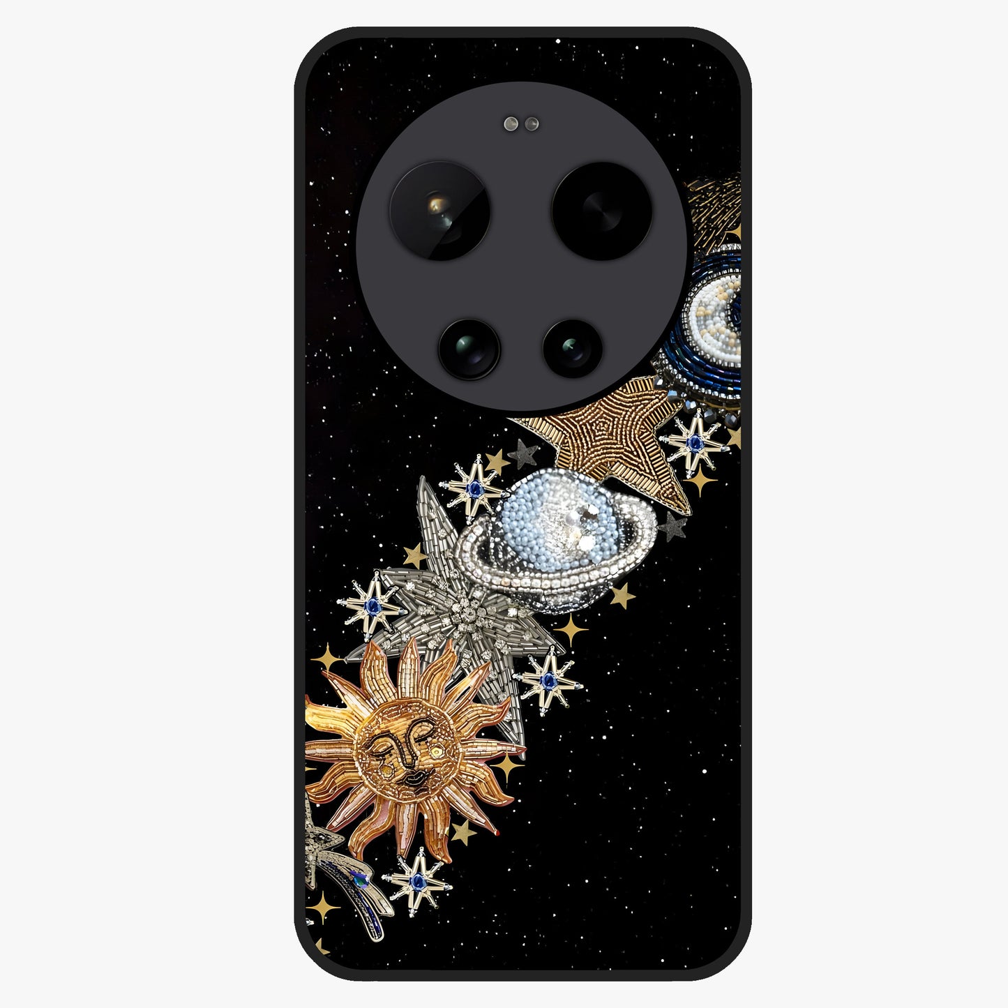 Pearls Universe Object Glass Case showing flat back view with pearl inspired cosmic artwork and glossy glass finish.
