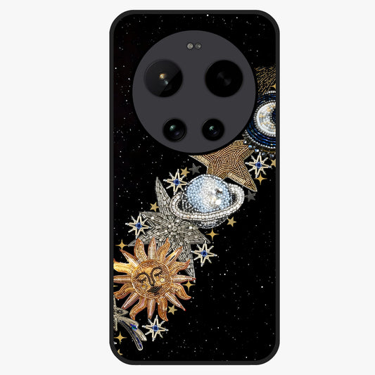 Pearls Universe Object Glass Case showing flat back view with pearl inspired cosmic artwork and glossy glass finish.