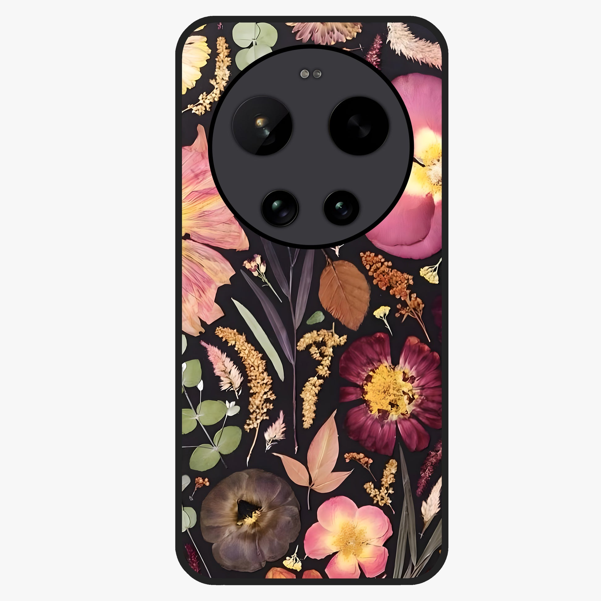 Petal Dream Tapestry Glass Case showing flat back view with intricate floral tapestry artwork and glossy glass finish.
