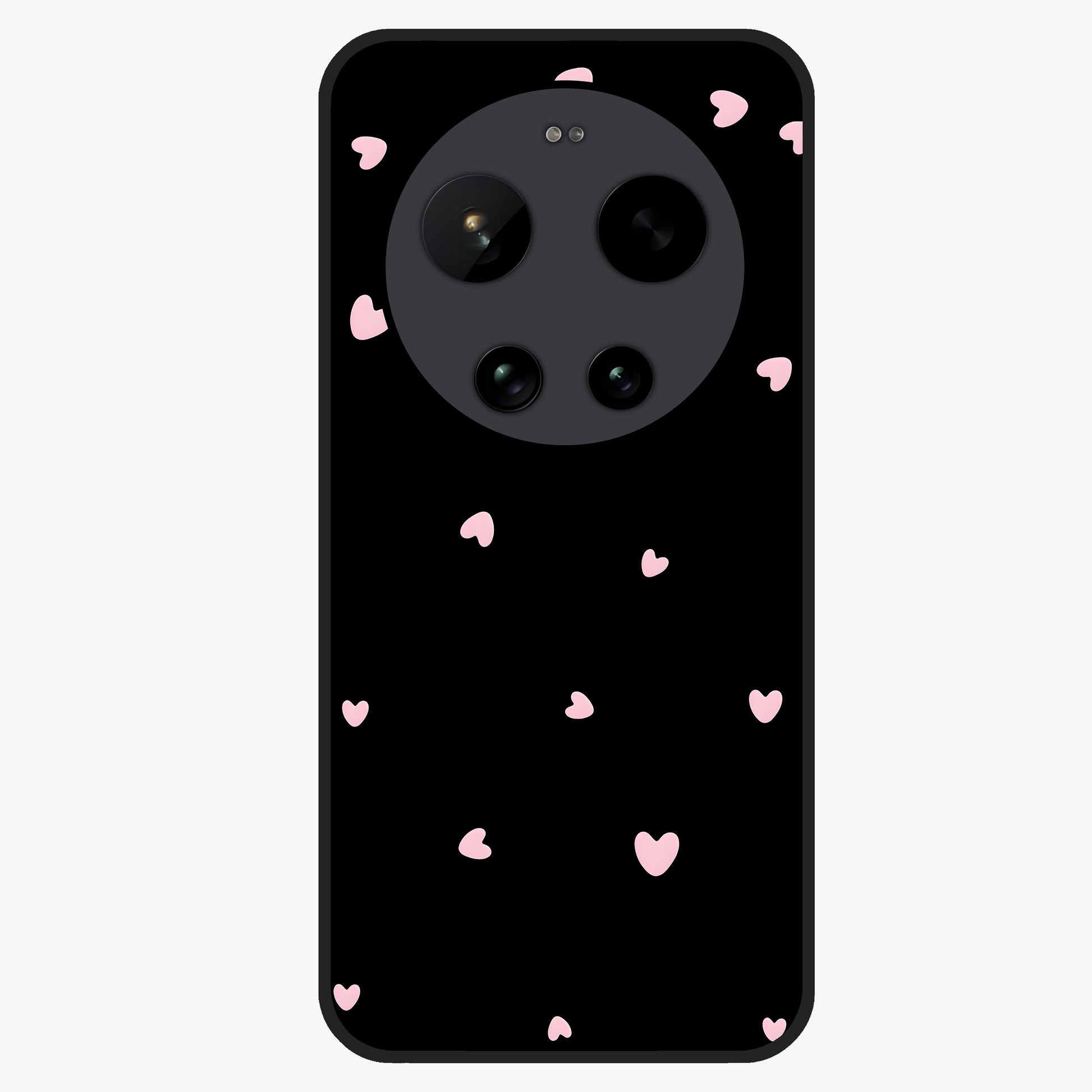 Pink Love Drops Glass Case showing flat back view with playful pink heart drops artwork and glossy glass finish.