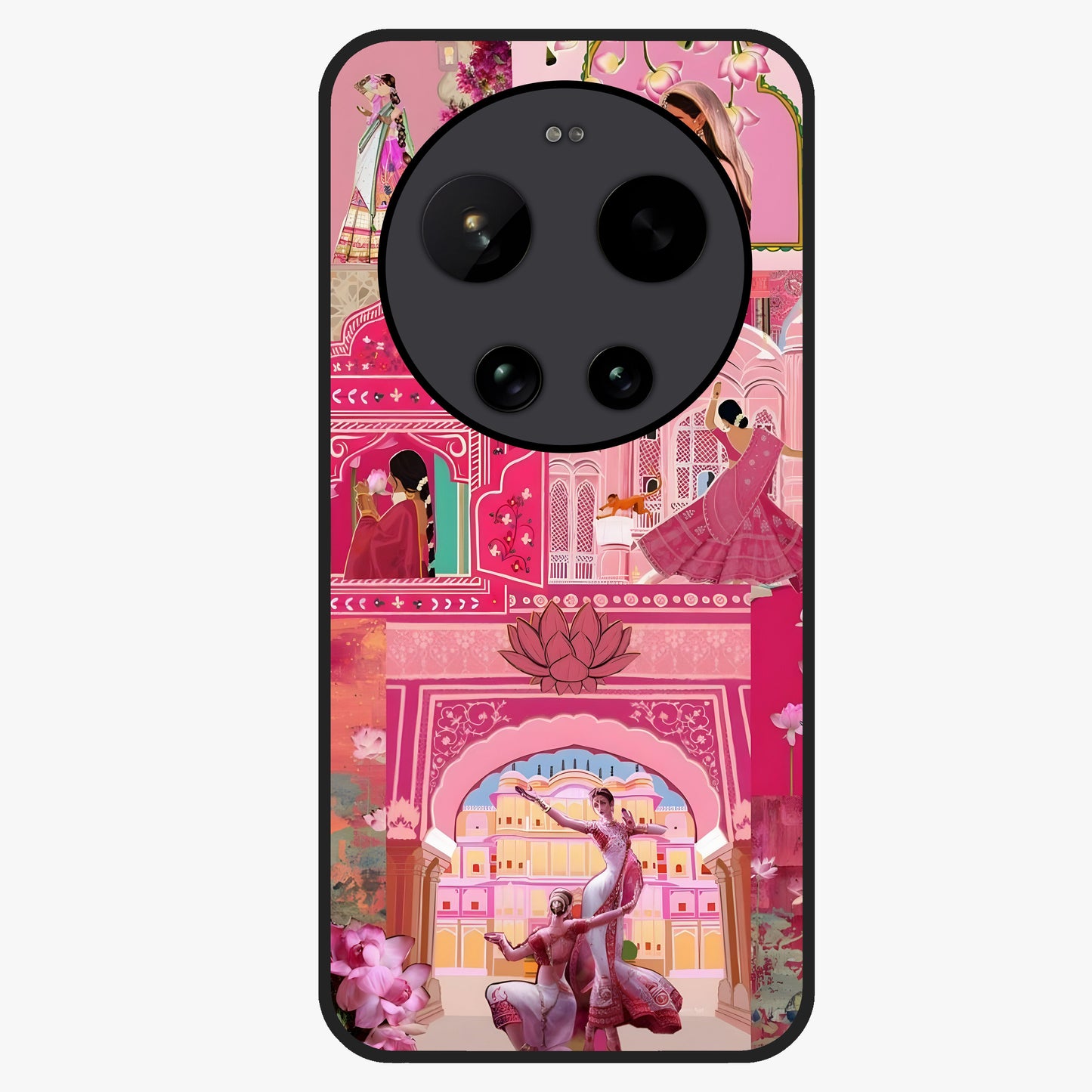 Pink Palace Muse Glass Case showing flat back view with elegant palace inspired artwork and glossy glass finish.