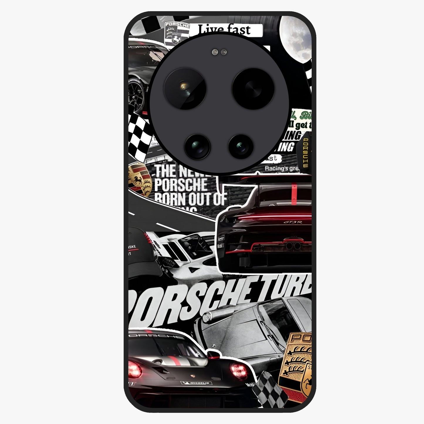 Porsche Racing Collage Glass Case showing flat back view with sports car racing collage artwork and glossy glass finish.