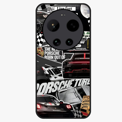 Porsche Racing Collage Glass Case showing flat back view with sports car racing collage artwork and glossy glass finish.