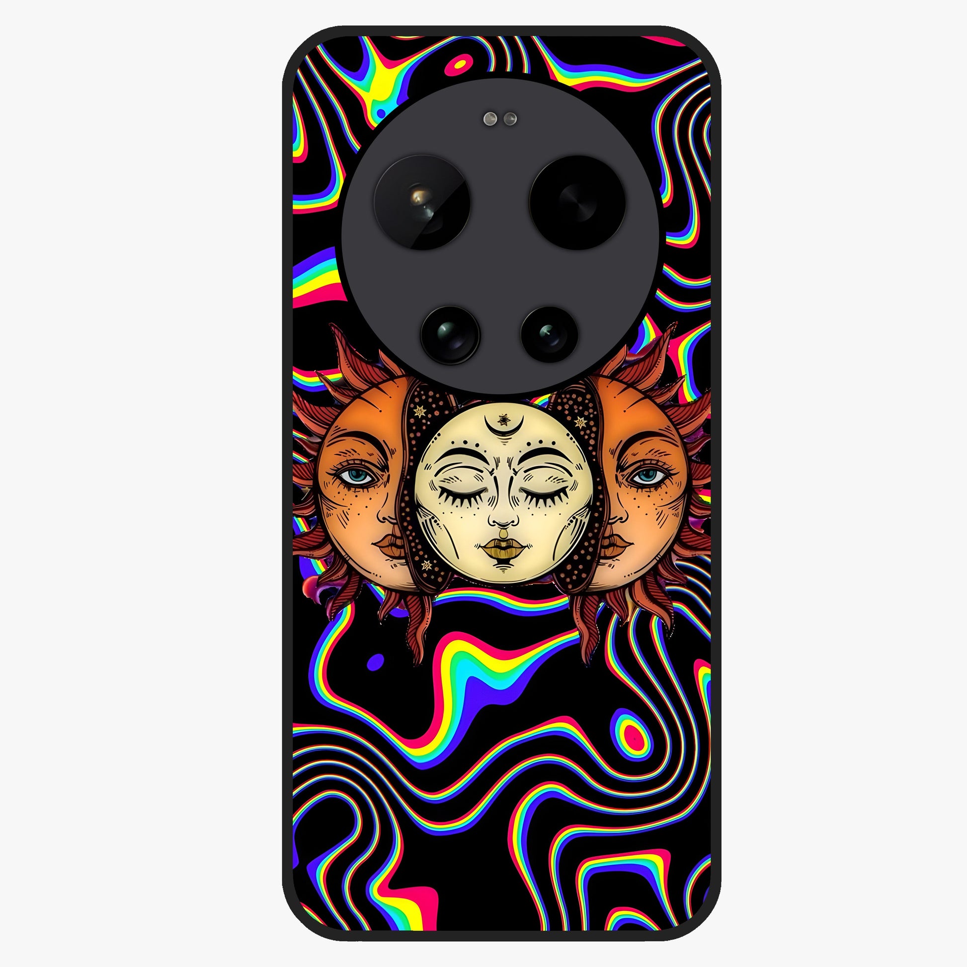 Psychedelic Sun Glass Case showing flat back view with colorful psychedelic sun artwork and glossy glass finish.