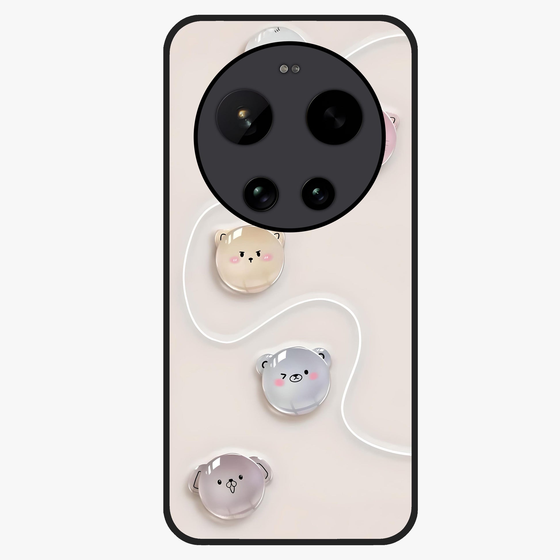Puffy Face Parade Glass Case showing flat back view with cute puffy character faces artwork and glossy glass finish.