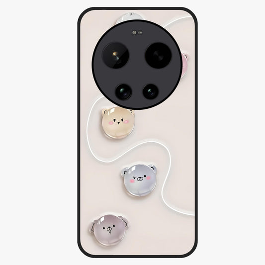 Puffy Face Parade Glass Case showing flat back view with cute puffy character faces artwork and glossy glass finish.