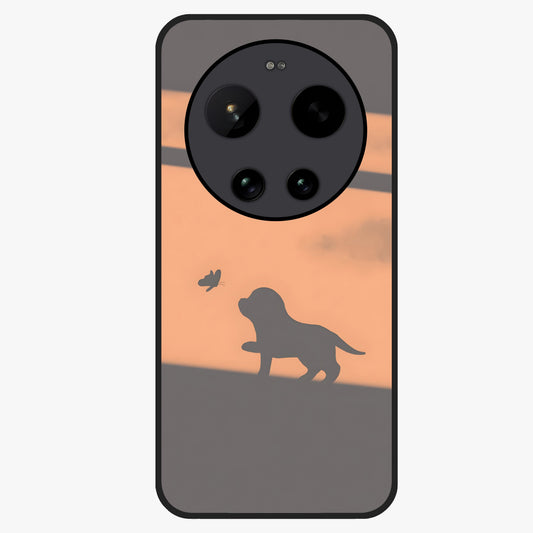 Puppy Shadow Art Glass Case showing flat back view with cute puppy shadow style artwork and glossy glass finish.