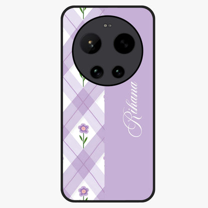 Purple Diamond Floral Glass Case showing flat back view with diamond shaped floral artwork and glossy glass finish.