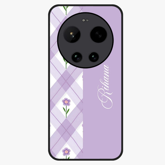 Purple Diamond Floral Glass Case showing flat back view with diamond shaped floral artwork and glossy glass finish.