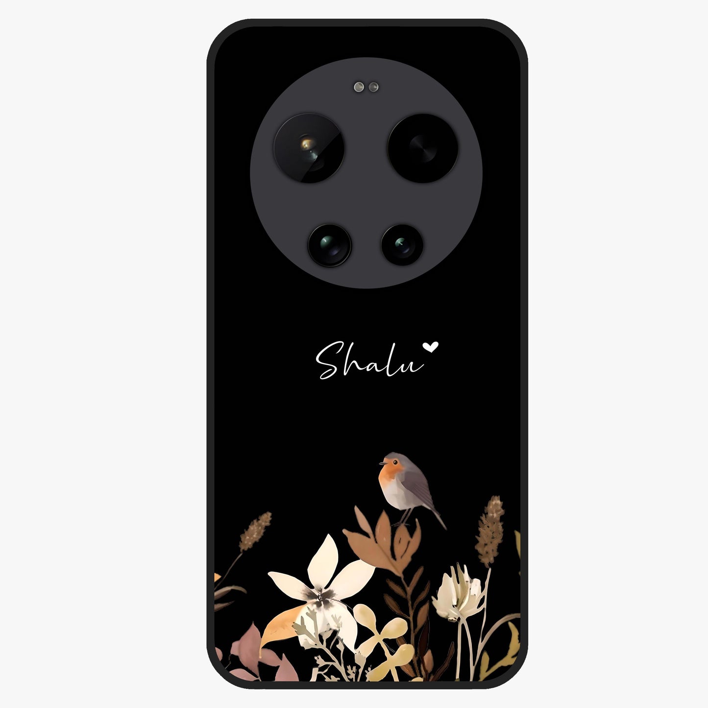 Quiet Garden Tune Custom Name Glass Case showing flat back view with peaceful garden artwork and personalized name design.