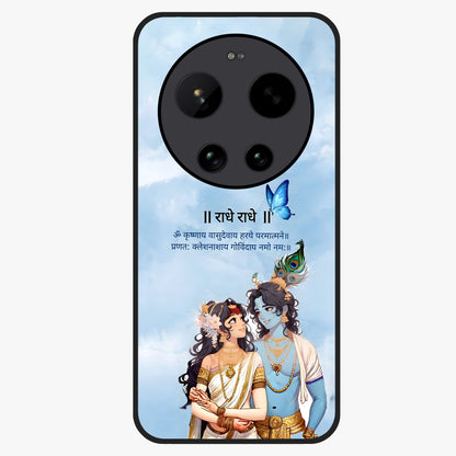 Radha Krishna Eternal Glass Case showing flat back view with Radha Krishna devotional artwork and glossy glass finish.