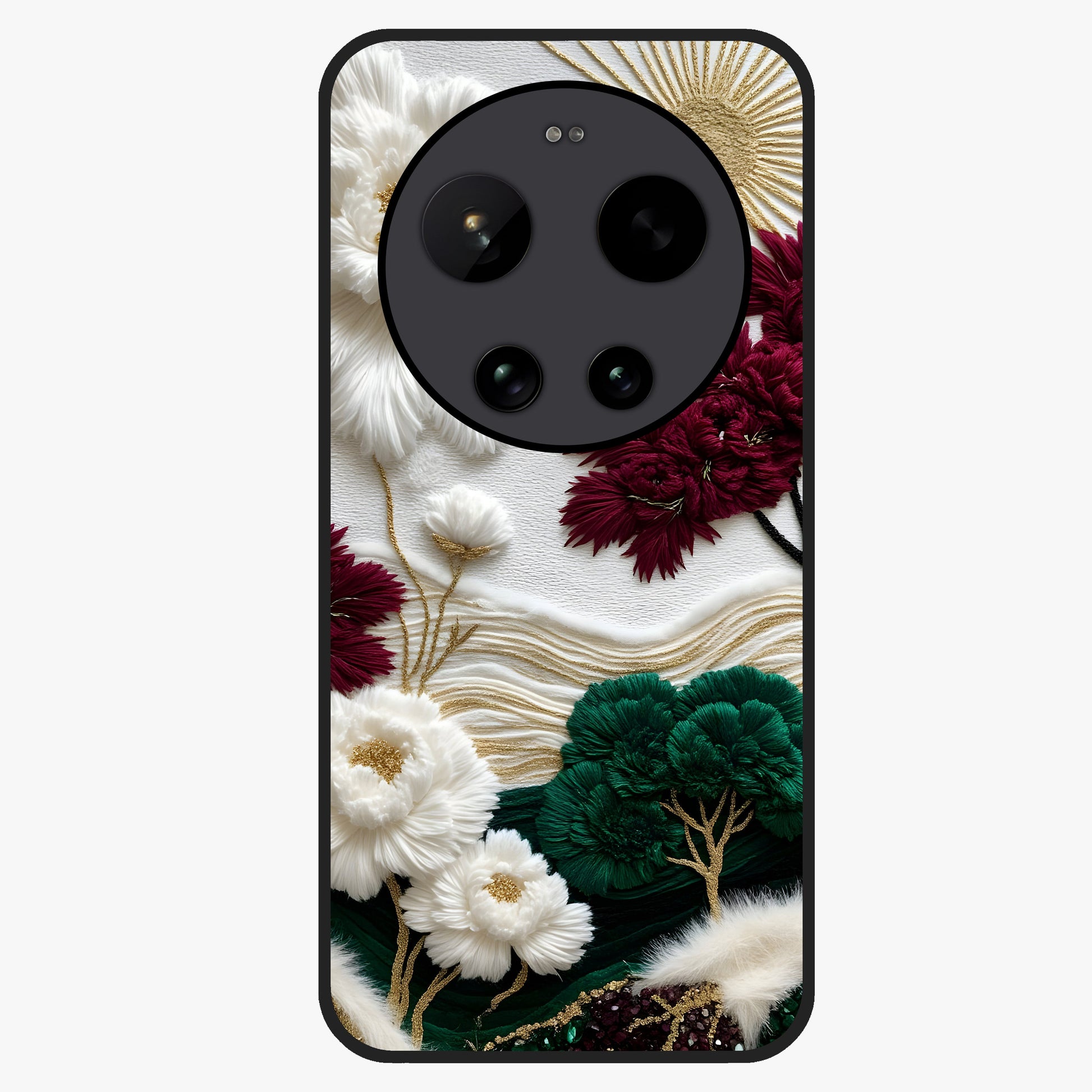 Radiant Bloom Elegance Glass Case showing flat back view with elegant blooming flower artwork and glossy glass finish.