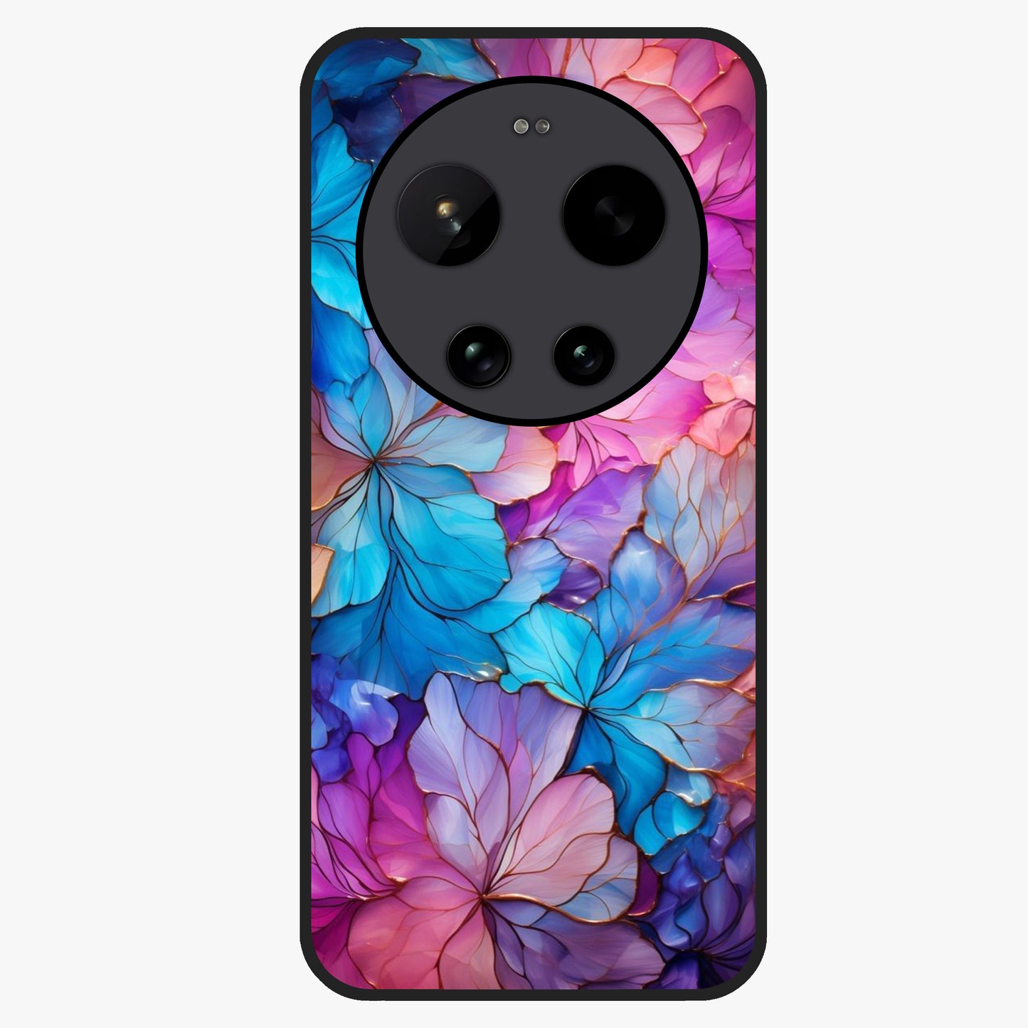 Radiant Floral Whirl Glass Case showing flat back view with swirling floral artwork and glossy glass finish.