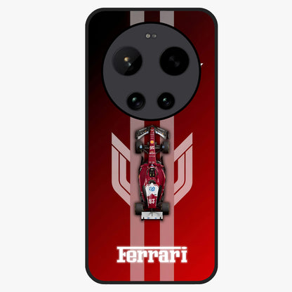 Red Ferrari F1 Vertical Glass Case showing flat back view with sleek Formula racing car artwork and glossy glass finish.