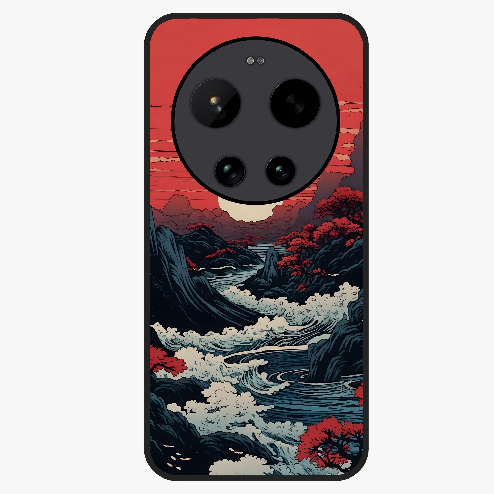 Red Sunset Scenery Glass Case showing flat back view with vibrant sunset landscape artwork and glossy glass finish.