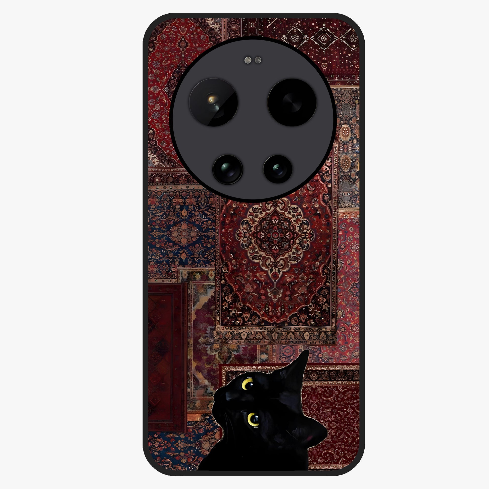 Regal Magic Cat Apple Glass Case showing flat back view with magical cat artwork holding apple and glossy glass finish.