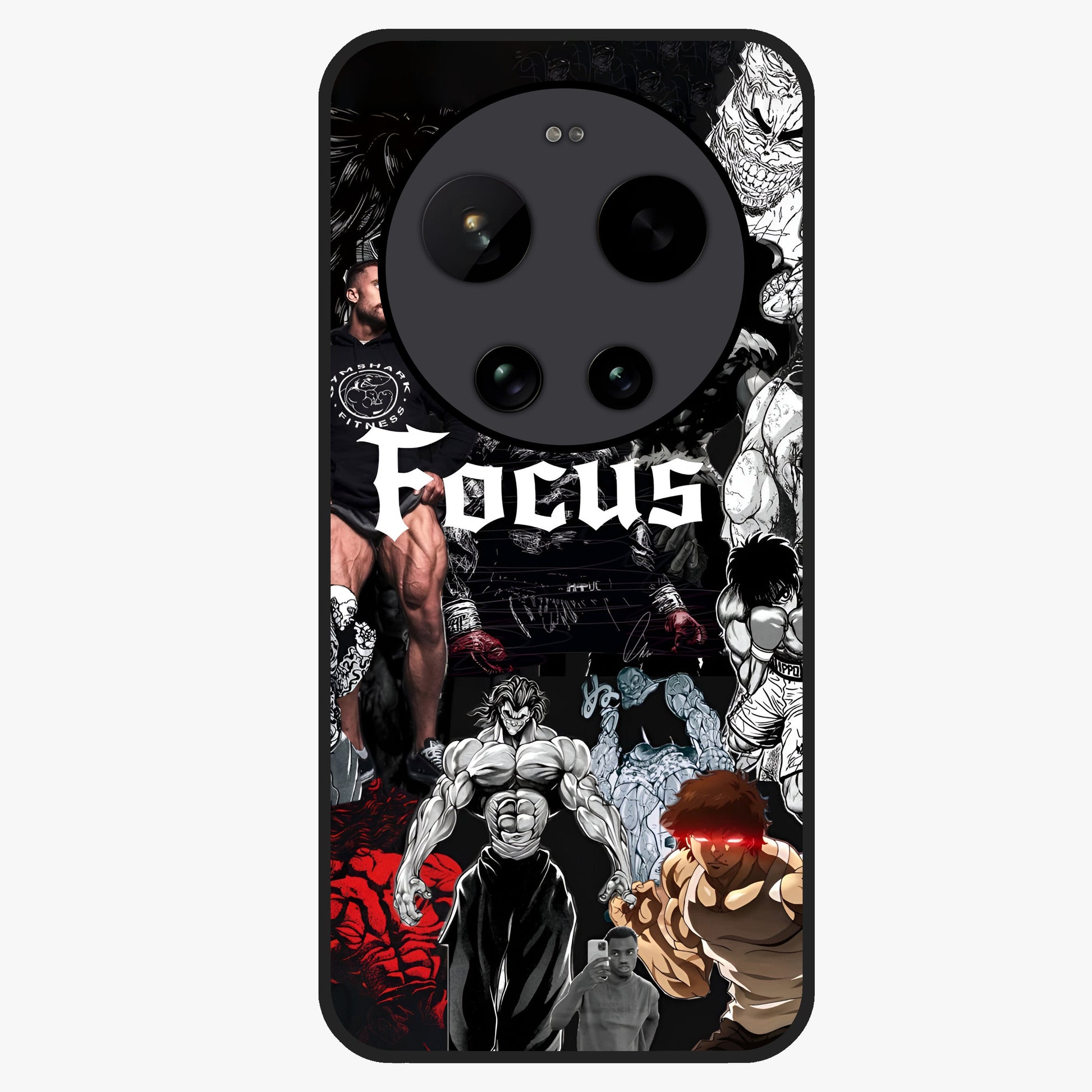 Relentless Power Focus Glass Case showing flat back view with motivational typography artwork and glossy glass finish.