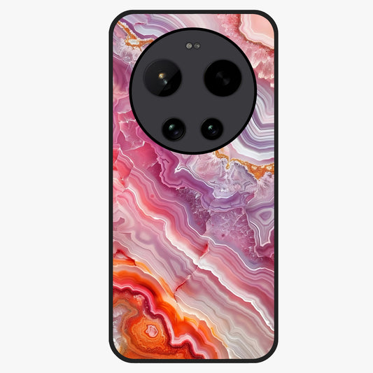 Rose Quartz Marble Glass Case showing flat back view with pink marble quartz texture artwork and glossy glass finish.