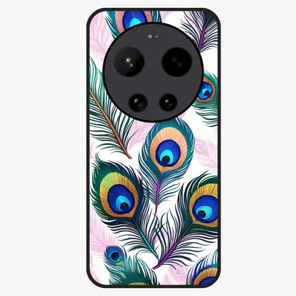 Royal Peacock Feathers Glass Case showing flat back view with colorful peacock feather artwork and glossy glass finish.