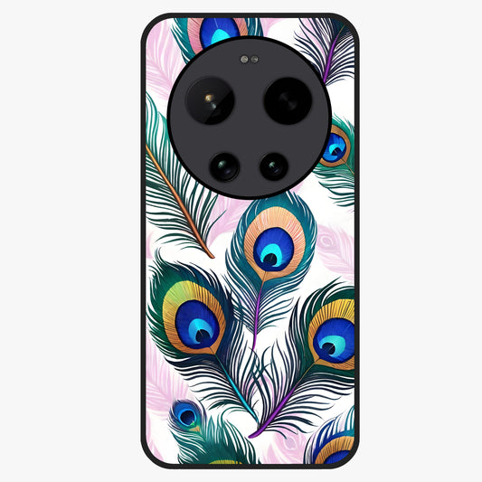 Royal Peacock Feathers Glass Case showing flat back view with colorful peacock feather artwork and glossy glass finish.