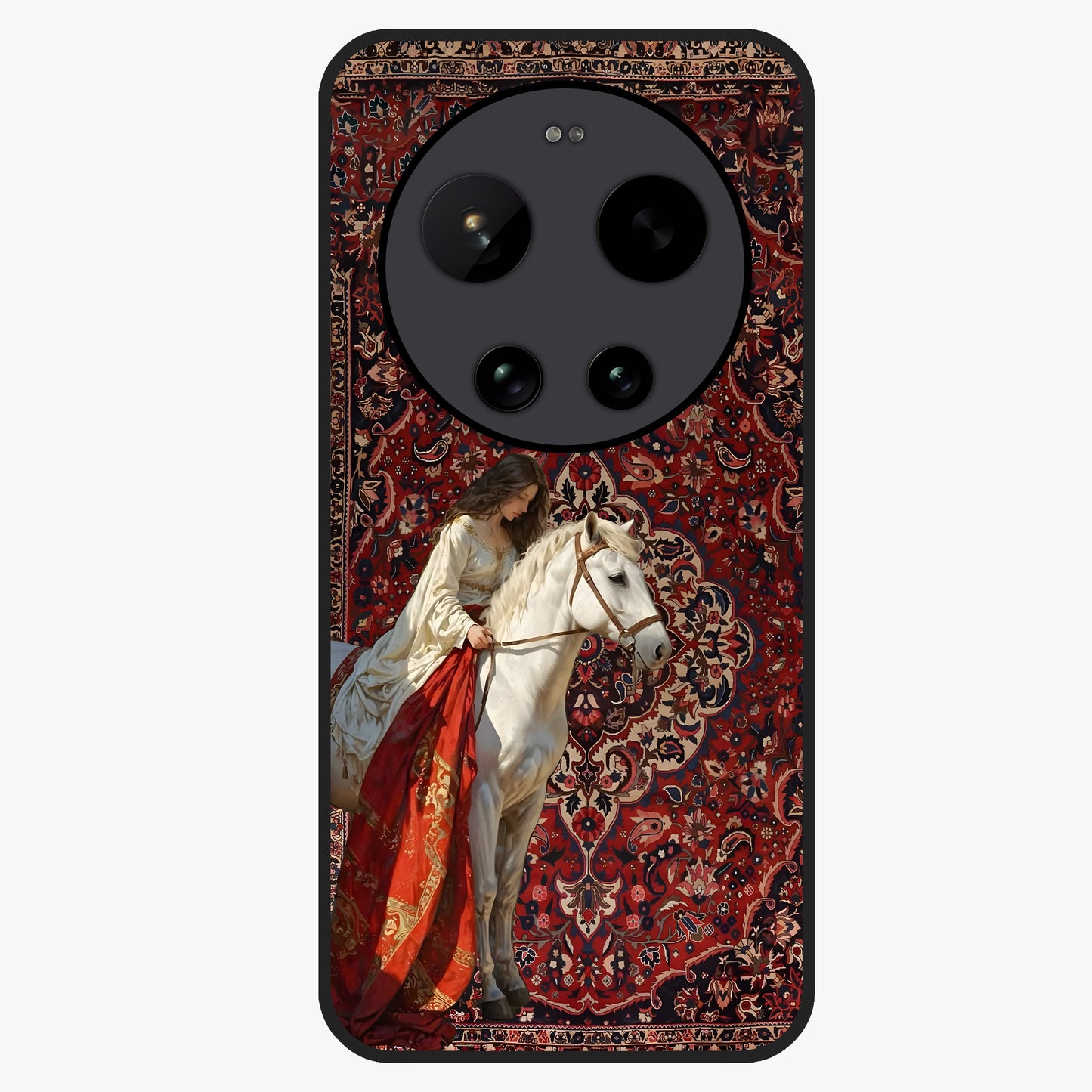 Royal Rider Tapestry Glass Case showing flat back view with majestic horse rider tapestry artwork and glossy glass finish.