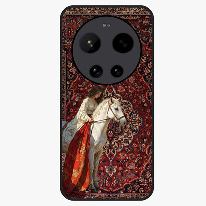 Royal Rider Tapestry Glass Case showing flat back view with majestic horse rider tapestry artwork and glossy glass finish.