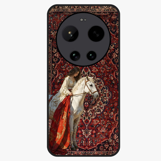 Royal Rider Tapestry Glass Case showing flat back view with majestic horse rider tapestry artwork and glossy glass finish.