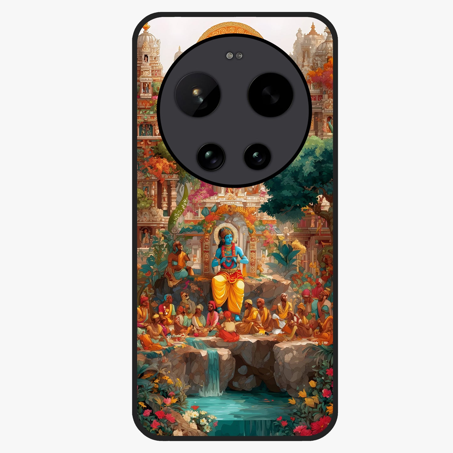 Sacred Sunlight Gods Glass Case showing flat back view with divine sunlight themed artwork and glossy glass finish.