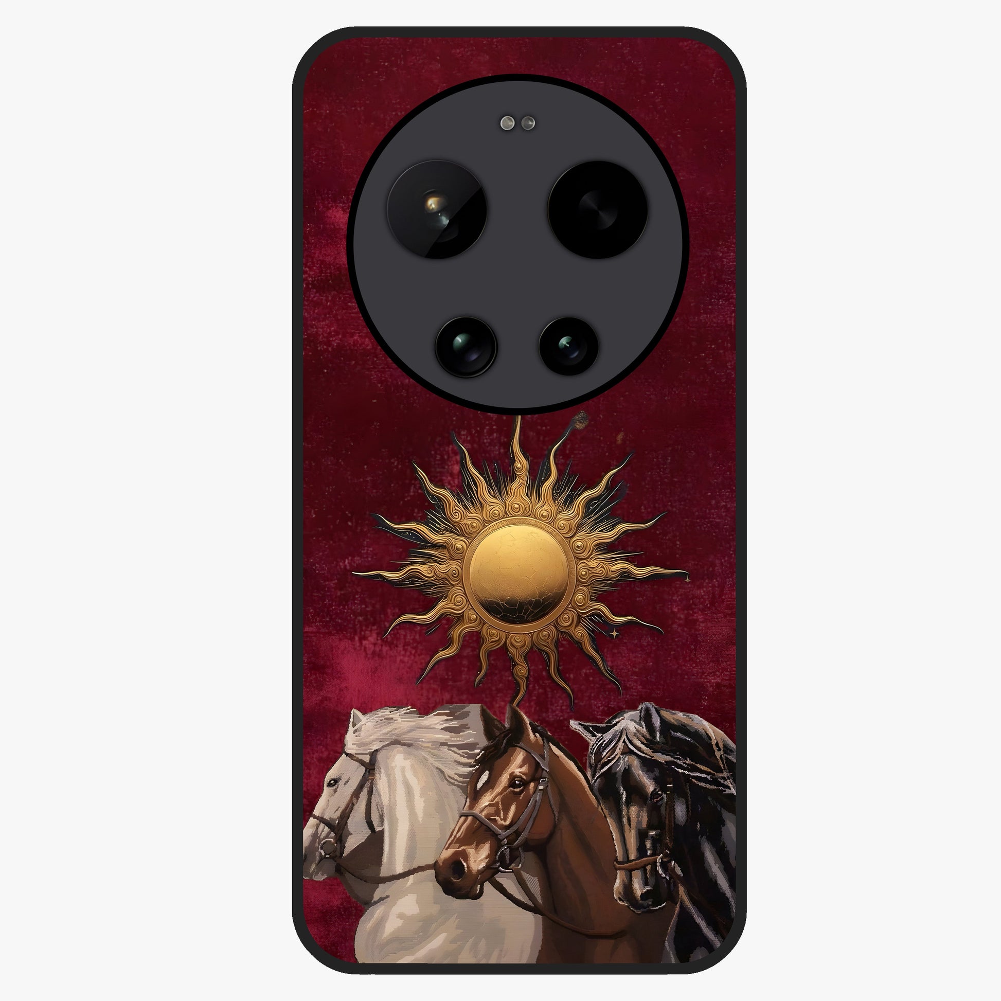 Solar Riders Glass Case showing flat back view with dynamic rider themed artwork and glossy glass finish.