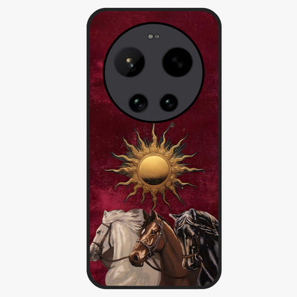 Solar Riders Glass Case showing flat back view with dynamic rider themed artwork and glossy glass finish.