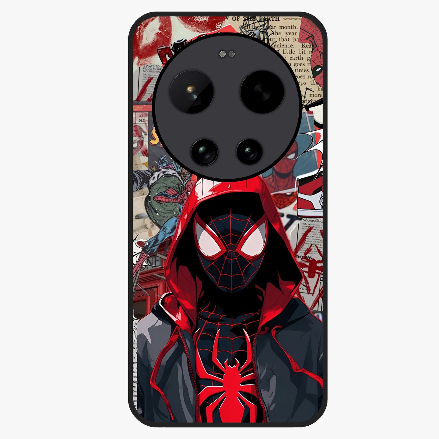 Spider Collage Street Glass Case showing flat back view with vibrant superhero collage artwork and glossy glass finish.