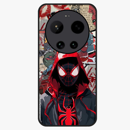 Spider Collage Street Glass Case showing flat back view with vibrant superhero collage artwork and glossy glass finish.