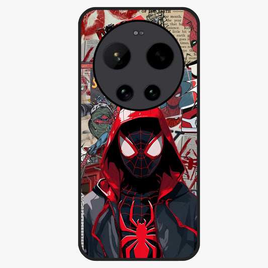 Spider Collage Street Glass Case showing flat back view with vibrant superhero collage artwork and glossy glass finish.