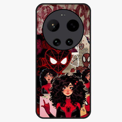Spider Love Story Glass Case showing flat back view with romantic superhero themed artwork and glossy glass finish.
