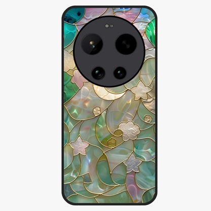 Stained Sunrise Glow Glass Case showing flat back view with glowing sunrise stained pattern artwork and glossy glass finish.