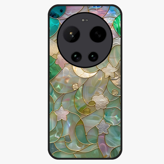 Stained Sunrise Glow Glass Case showing flat back view with glowing sunrise stained pattern artwork and glossy glass finish.