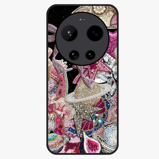 Starlit Jewel Dream Glass Case showing flat back view with sparkling jewel and star themed artwork and glossy glass finish.