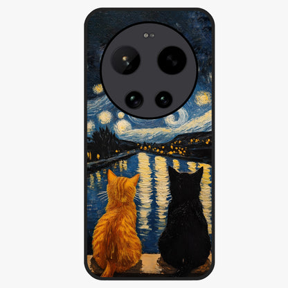Starry River Cats Glass Case showing flat back view with cats by a starry river artwork and glossy glass finish.