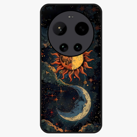 Sun And Moon Magic Design Glass Case showing flat back view with mystical sun and moon artwork and glossy glass finish.