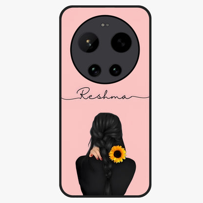Sunflower Braid Beauty With Custom Name Glass Case showing flat back view with sunflower braid artwork and personalized name design.