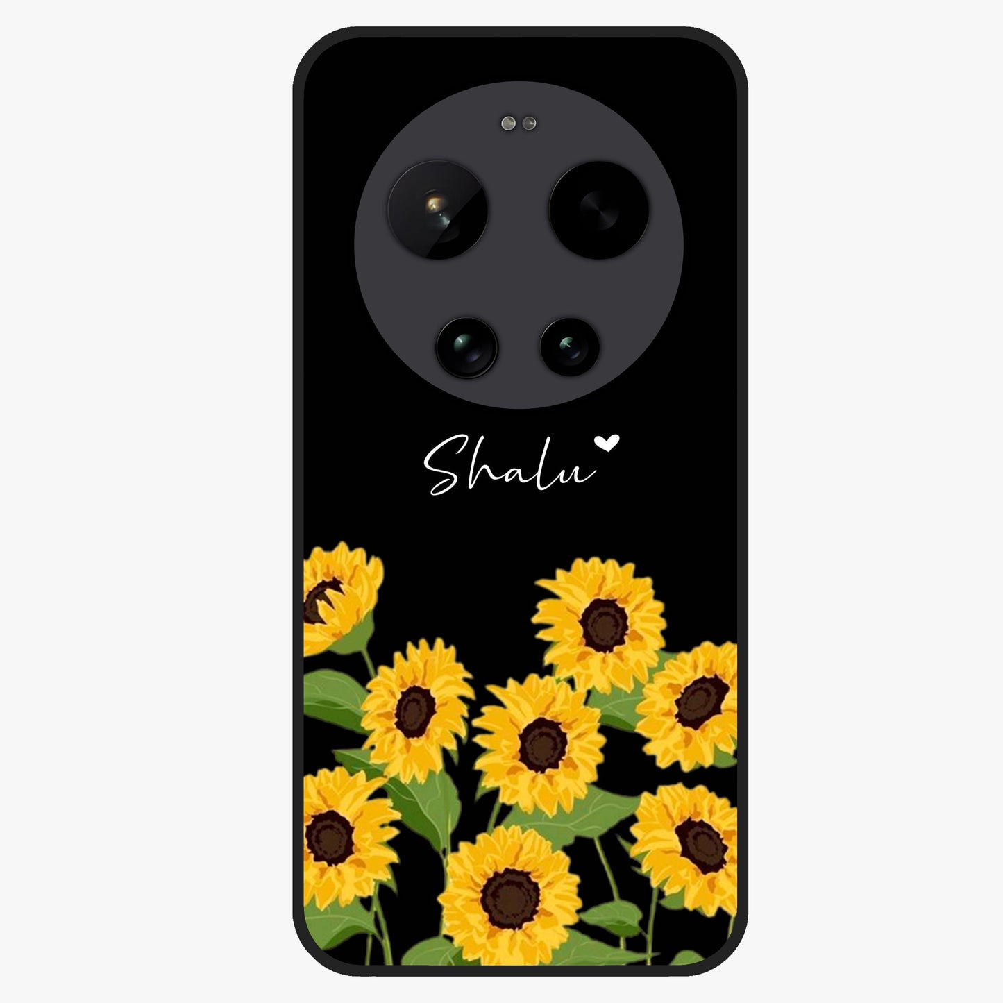 Sunflower Chic Mood Custom Name Glass Case showing flat back view with stylish sunflower artwork and personalized name design.