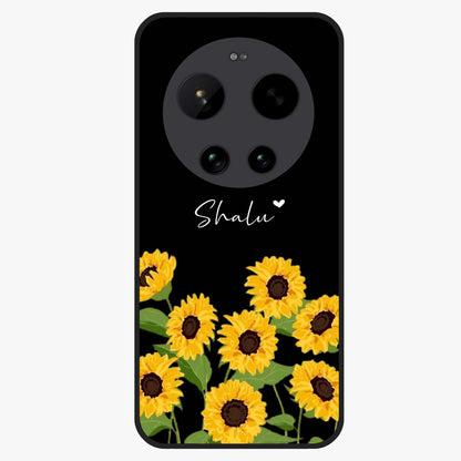 Sunflower Chic Mood Custom Name Glass Case showing flat back view with stylish sunflower artwork and personalized name design.