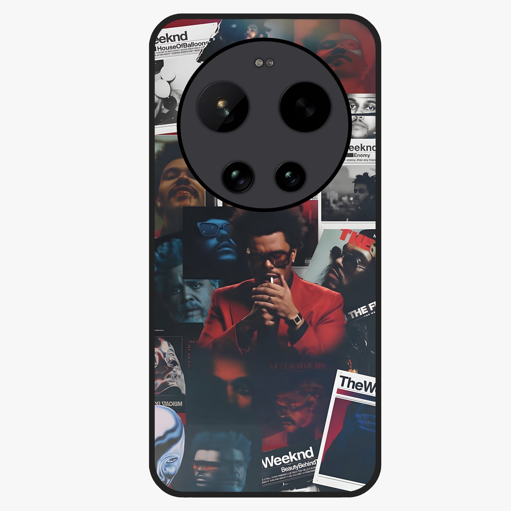 The Weeknd Glass Case showing flat back view with music inspired artistic portrait artwork and glossy glass finish.