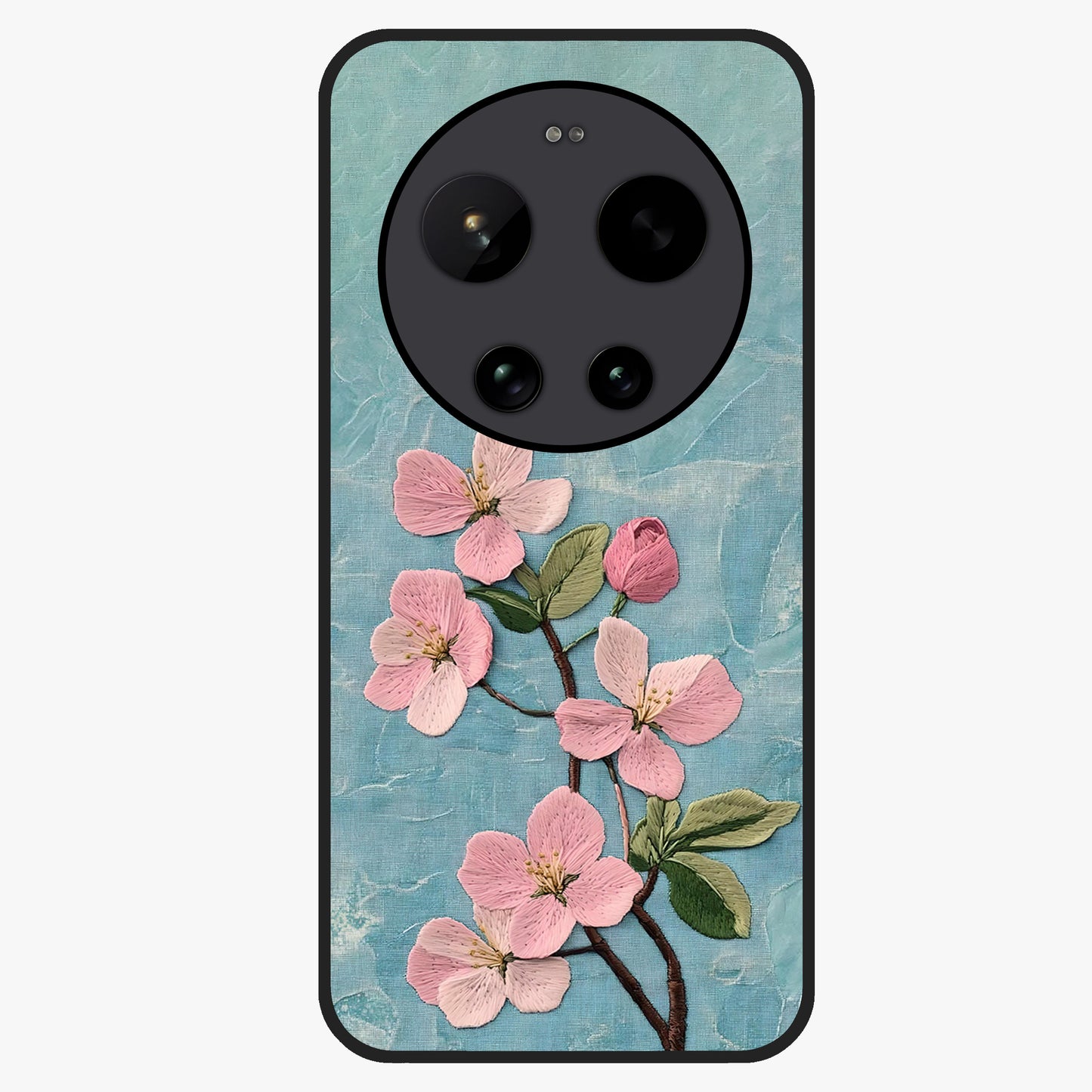 Threaded Blossom Breeze Glass Case showing flat back view with delicate blossom artwork and glossy glass finish.