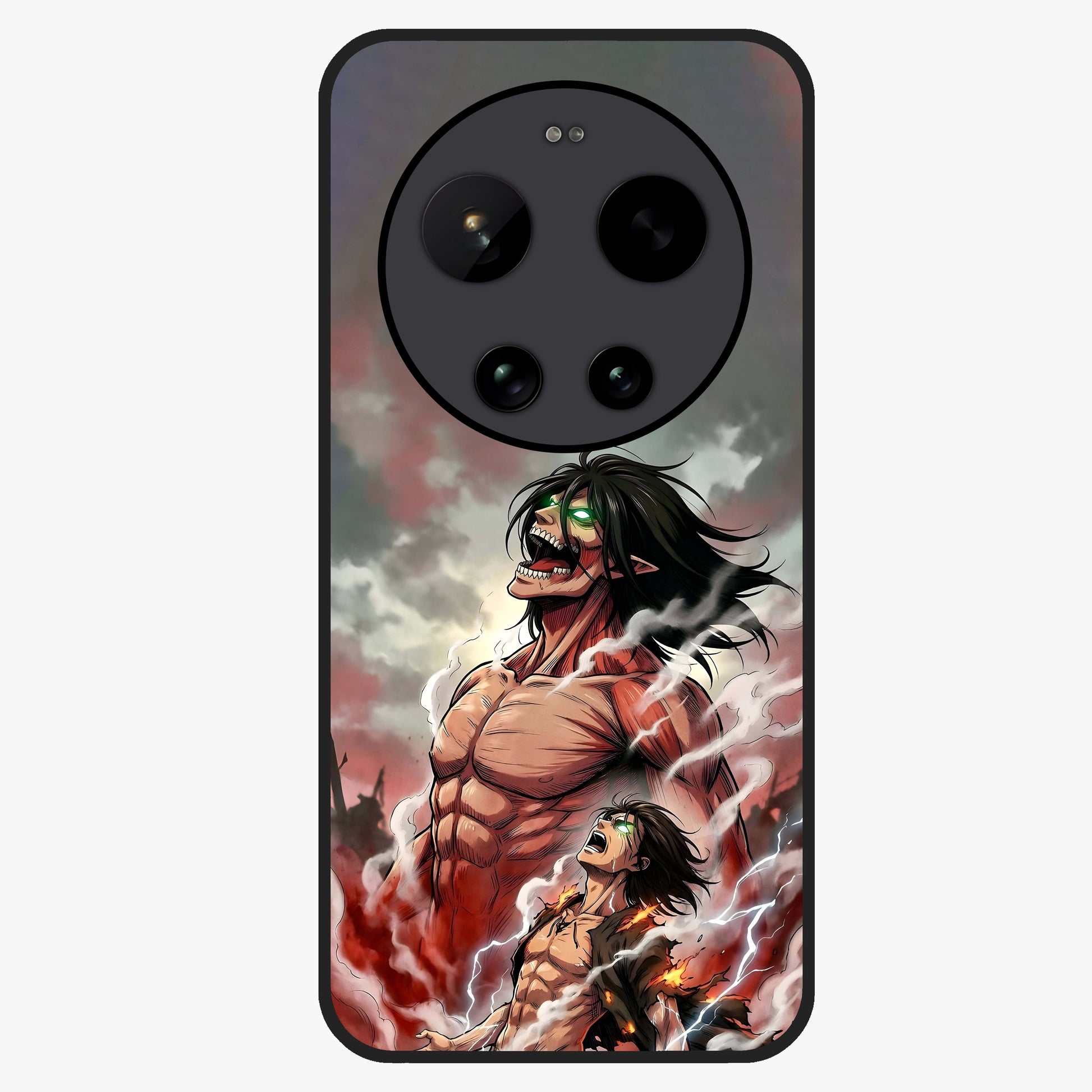 Titan Awakening Fury Glass Case showing flat back view with powerful titan inspired artwork and glossy glass finish.